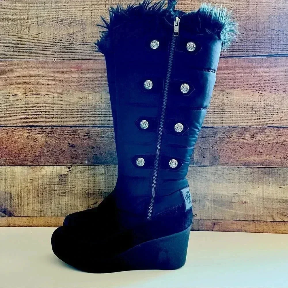 Juicy Couture Everest Quilted Nylon Suede FauxFur Knee High Tall Wedge Boots